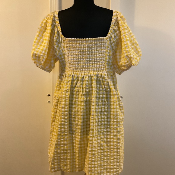 ❤️ Old Navy Yellow Fit & Flare Puff-Sleeve Seersucker All-Day Mini Dress Size L - Picture 12 of 12